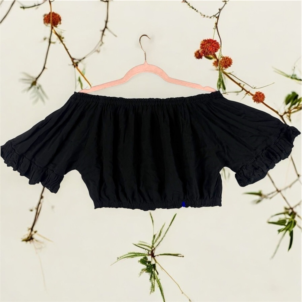 Keliki Hawaiian Black Off-Shoulder Women's Lightweight Crop Top Bell Sleeves L - Picture 3 of 10